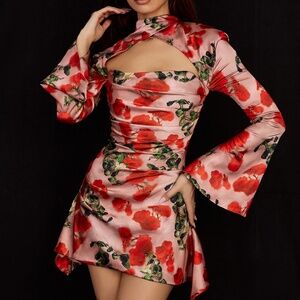 House of CB Pink Floral Cutout Mini Dress with Red Bloom Print